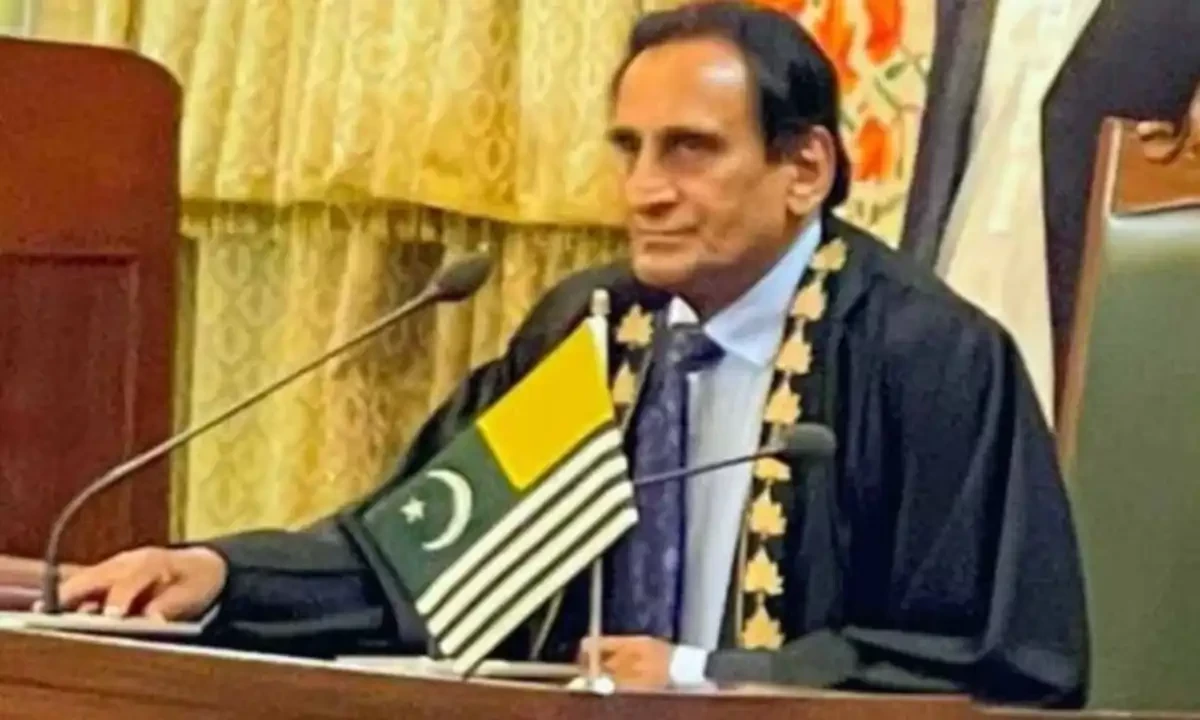 A clip from an old footage shows Azad Jammu and Kashmir Legislative Assembly Speaker Chaudhry Latif Akbar during a session. Screengrab