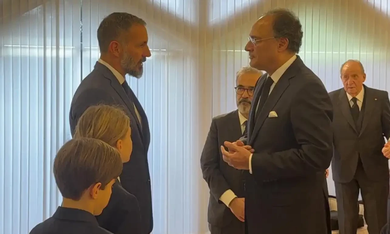 Pakistan’s Finance Minister Muhammad Aurangzeb speaks to Shia Ismaili Muslims 50th spiritual leader Prince Rahim al-Hussaini Aga Khan V after attending the funeral for Prince Karim al-Hussaini Aga Khan IV in Lisbon, Portugal on February 08, 2025. PID