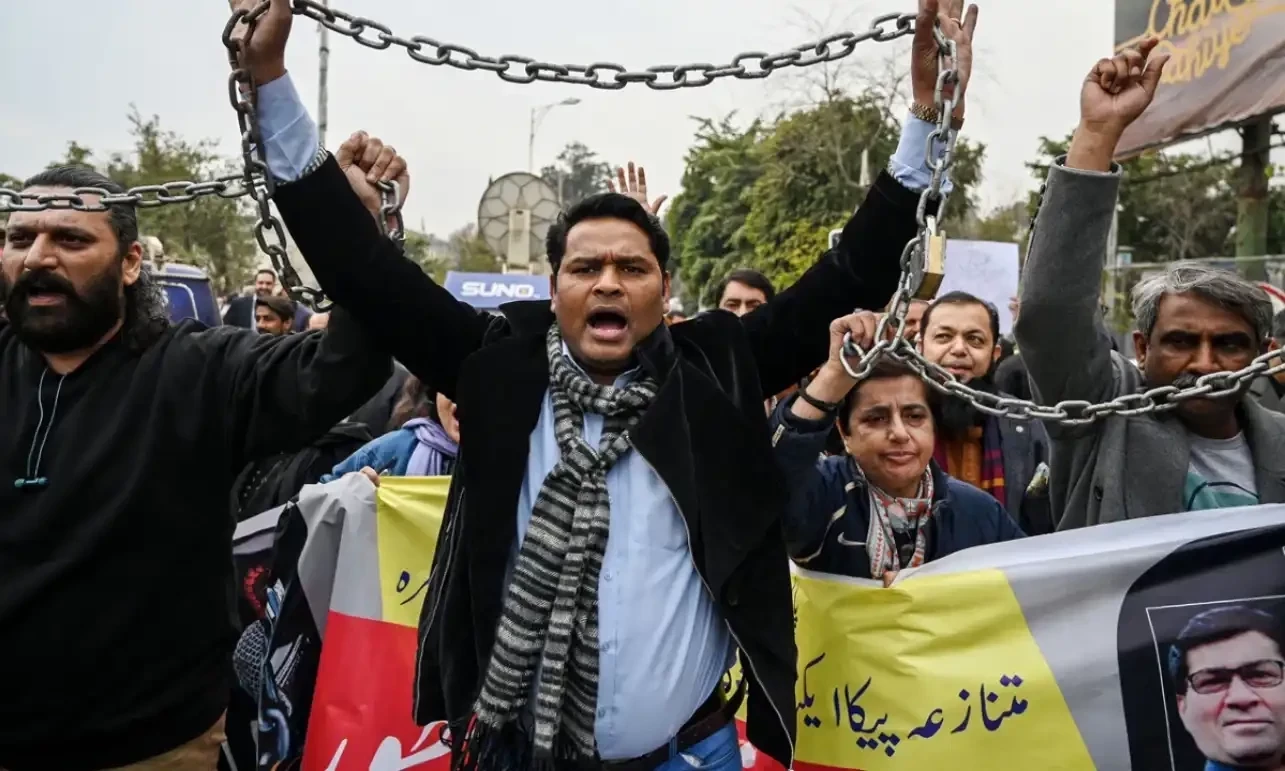 Members of the Pakistan Federal Union of Journalists shout slogans during a protest against amendments in the Prevention of Electronic Crimes Act in Islamabad on January 28, 2025. AFP Members of the Pakistan Federal Union of Journalists shout slogans during a protest against amendments in the Prevention of Electronic Crimes Act in Islamabad on January 28, 2025. AFP
