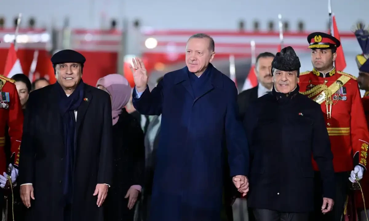 President Asif Ali Zardari and Prime Minister Shehbaz Sharif receive Turkish President Recep Tayyip Erdogan upon his arrival in Islamabad on February 13, 2025. PID