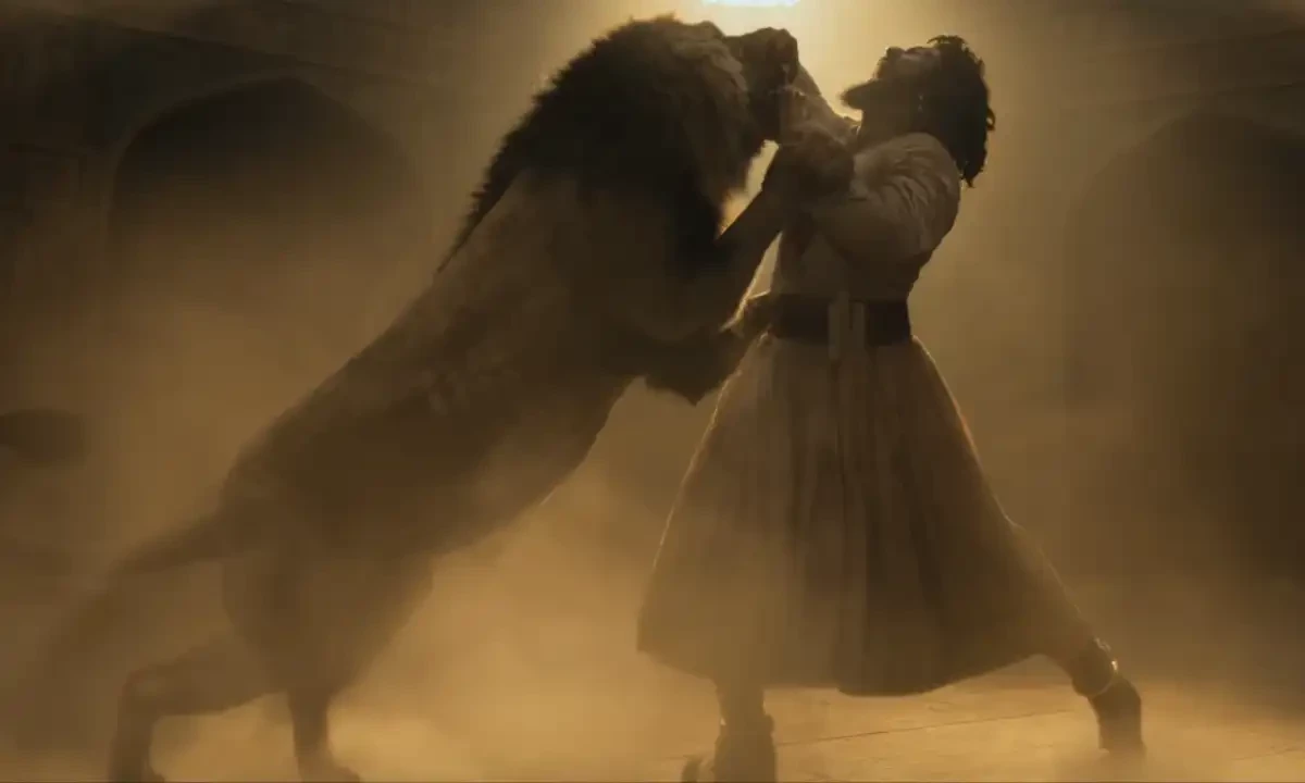 A still from Bollywood movie Chhaava shows lead character Shambhuraje, played by Vicky Kaushal, fighting with a lion. Screengrab via YouTube/Maddock Films A still from Bollywood movie Chhaava shows lead character Shambhuraje, played by Vicky Kaushal, fighting with a lion. Screengrab via YouTube/Maddock Films