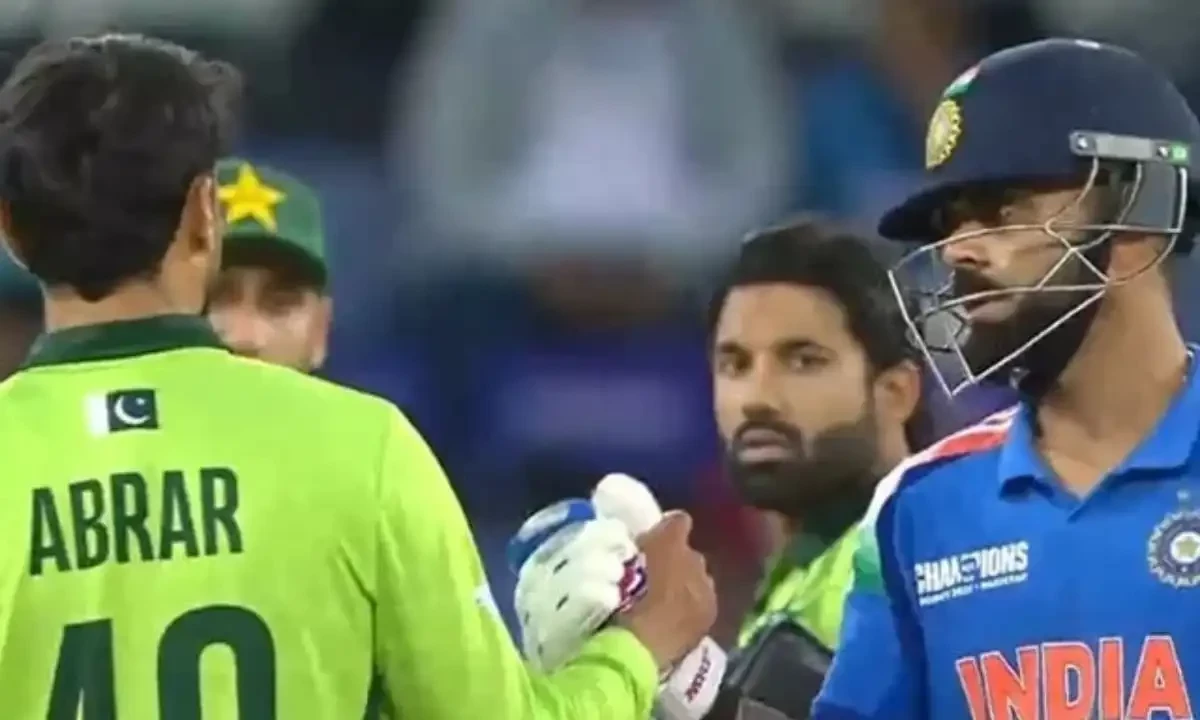 Indian cricketer Virat Kohli meets Pakistan spin bowler Abrar Ahmed after the end of his spell in Champions Trophy match against Pakistan on February 23, 2025. Screengrab via social media Indian cricketer Virat Kohli meets Pakistan spin bowler Abrar Ahmed after the end of his spell in Champions Trophy match against Pakistan on February 23, 2025. Screengrab via social media