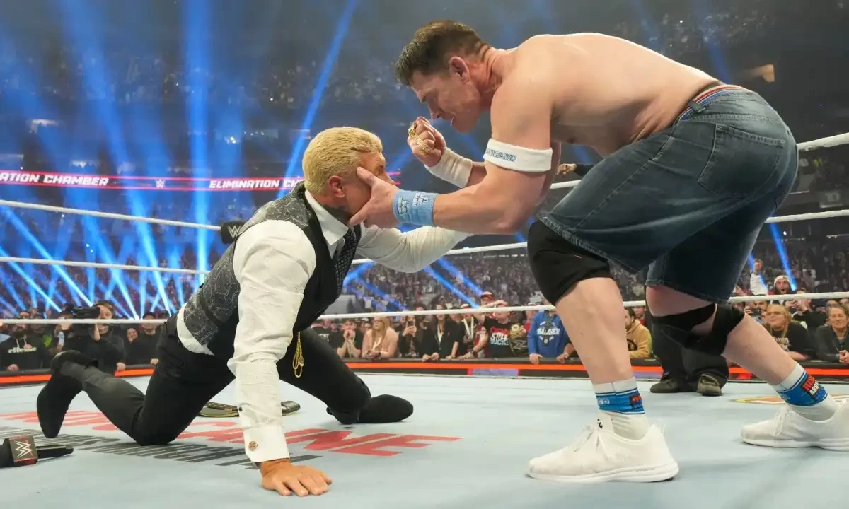 Wrestler John Cena fights with wrestler Cody Rhodes. Photo via Facebook/WWE Wrestler John Cena fights with wrestler Cody Rhodes. Photo via Facebook/WWE