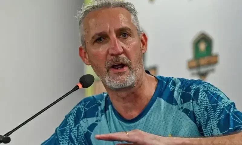 Pakistan’s new red-ball coach Jason Gillespie speaks during a press conference at the National Stadium in Karachi on July 7, 2024. AFP Pakistan’s new red-ball coach Jason Gillespie speaks during a press conference at the National Stadium in Karachi on July 7, 2024. AFP