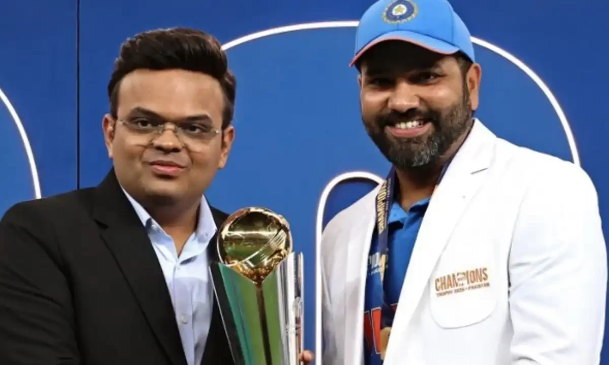 Chairman of International Cricket Council (ICC) Jay Shah (L) presents the winning trophy to India’s captain Rohit Sharma at the end of the ICC Champions Trophy one-day international (ODI) final cricket match between India and New Zealand at the Dubai International Stadium in Dubai on March 9, 2025. AFP Chairman of International Cricket Council (ICC) Jay Shah (L) presents the winning trophy to India’s captain Rohit Sharma at the end of the ICC Champions Trophy one-day international (ODI) final cricket match between India and New Zealand at the Dubai International Stadium in Dubai on March 9, 2025. AFP
