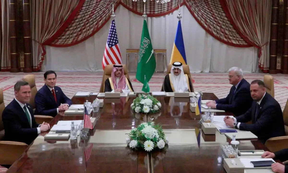 US Secretary of State Marco Rubio and National Security Advisor Mike Waltz meet with Ukrainian Foreign Minister Andrii Sybiha, Ukrainian Head of the Presidential Office Andriy Yermak, and Ukrainian Minister of Defence Rustem Umerov (not pictured) in presence of Saudi Foreign Minister Faisal bin Farhan Al Saud and Saudi National Security Advisor Mosaad bin Mohammad Al-Aiban in Jeddah on March 11, 2025. Reuters US Secretary of State Marco Rubio and National Security Advisor Mike Waltz meet with Ukrainian Foreign Minister Andrii Sybiha, Ukrainian Head of the Presidential Office Andriy Yermak, and Ukrainian Minister of Defence Rustem Umerov (not pictured) in presence of Saudi Foreign Minister Faisal bin Farhan Al Saud and Saudi National Security Advisor Mosaad bin Mohammad Al-Aiban in Jeddah on March 11, 2025. Reuters