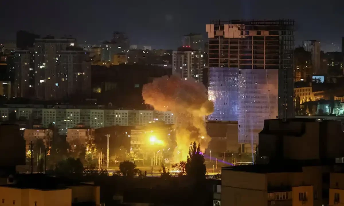 An explosion of a drone is seen in the sky over the city during a Russian drone strike in Kyiv, Ukraine April 24. Reuters An explosion of a drone is seen in the sky over the city during a Russian drone strike in Kyiv, Ukraine April 24. Reuters