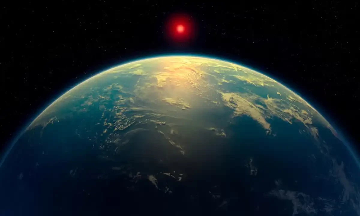 An illustration shows a hycean world – an exoplanet with a liquid water ocean beneath a hydrogen-rich atmosphere - orbiting a red dwarf star. Reuters An illustration shows a hycean world – an exoplanet with a liquid water ocean beneath a hydrogen-rich atmosphere - orbiting a red dwarf star. Reuters