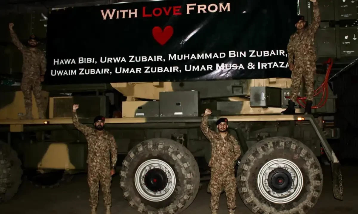 Fateh I missile launcher has been draped in a banner reading names of the children killed in Indian missile attack on Pakistan on May 7. Fateh I missile launcher has been draped in a banner reading names of the children killed in Indian missile attack on Pakistan on May 7.