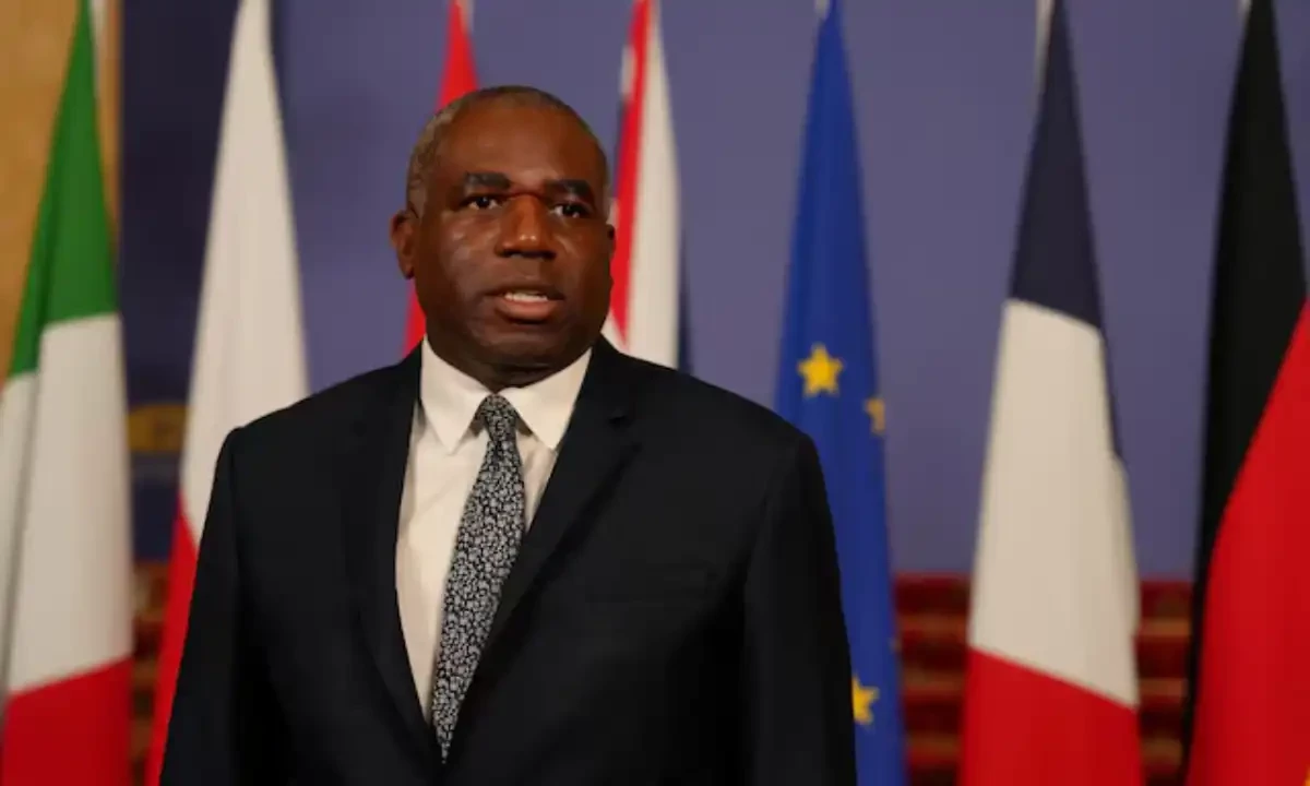 Britain’s Foreign Secretary David Lammy speaks to the media as he hosts talks on Ukraine and the future of European security at Lancaster House in London, Britain, May 12, 2025. Reuters