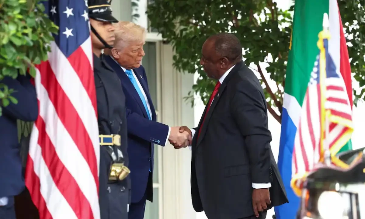 U.S. President Donald Trump welcomes South African President Cyril Ramaphosa to the White House in Washington, D.C., U.S., May 21, 2025. Reuters U.S. President Donald Trump welcomes South African President Cyril Ramaphosa to the White House in Washington, D.C., U.S., May 21, 2025. Reuters