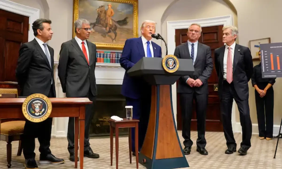 U.S. President Donald Trump, Director of the National Institute of Health Jay Bhattacharya, Administrator of the Centers for Medicare and Medicaid Services Mehmet Oz, Health and Human Services (HHS) Secretary Robert F. Kennedy Jr. and Food and Drug Administration Commissioner Martin Makary attend a press conference in the Roosevelt Room at the White House in Washington, D.C., U.S., May 12, 2025. Reuters U.S. President Donald Trump, Director of the National Institute of Health Jay Bhattacharya, Administrator of the Centers for Medicare and Medicaid Services Mehmet Oz, Health and Human Services (HHS) Secretary Robert F. Kennedy Jr. and Food and Drug Administration Commissioner Martin Makary attend a press conference in the Roosevelt Room at the White House in Washington, D.C., U.S., May 12, 2025. Reuters