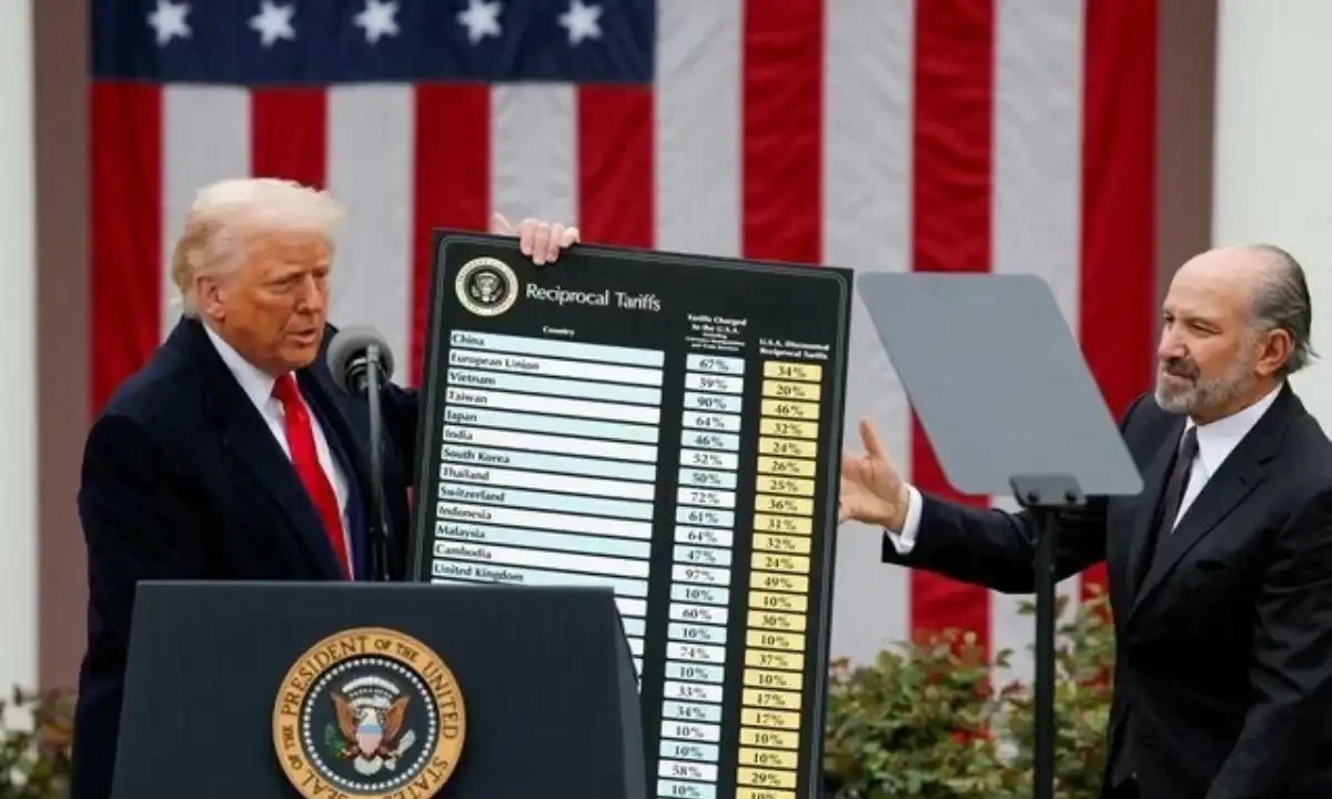 U.S. President Donald Trump holds a chart next to U.S. Secretary of Commerce Howard Lutnick as Trump delivers remarks on tariffs in the Rose Garden at the White House in Washington, D.C., U.S., April 2, 2025. REUTERS U.S. President Donald Trump holds a chart next to U.S. Secretary of Commerce Howard Lutnick as Trump delivers remarks on tariffs in the Rose Garden at the White House in Washington, D.C., U.S., April 2, 2025. REUTERS