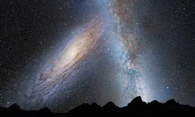 An illustration shows a stage in the potential merger between the Milky Way galaxy and the neighboring Andromeda galaxy, as viewed in Earth’s night sky in 3.75 billion years. Andromeda (left) fills the field of view and begins to distort the Milky Way (right) with tidal pull, in this image released by NASA on May 31, 2012. Reuters An illustration shows a stage in the potential merger between the Milky Way galaxy and the neighboring Andromeda galaxy, as viewed in Earth’s night sky in 3.75 billion years. Andromeda (left) fills the field of view and begins to distort the Milky Way (right) with tidal pull, in this image released by NASA on May 31, 2012. Reuters
