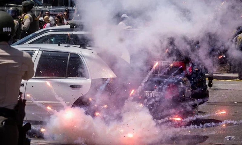A firework explodes after being thrown at police during a standoff with protesters following multiple detentions by Immigration and Customs Enforcement (ICE), in the Los Angeles County city of Paramount, California, US, June 7, 2025. Reuters A firework explodes after being thrown at police during a standoff with protesters following multiple detentions by Immigration and Customs Enforcement (ICE), in the Los Angeles County city of Paramount, California, US, June 7, 2025. Reuters