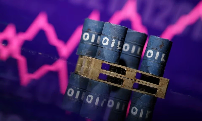Miniatures of oil barrels and a rising stock graph are seen in this illustration taken January 15, 2024. REUTERS