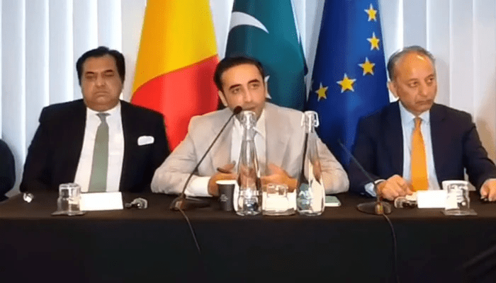 Bilawal Bhutto addresses a press conference in Brussels on Saturday. – APP