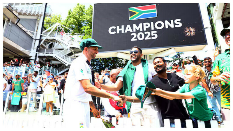 2025 ICC World Test Championship Final - South Africa v Australia - Lord’s Cricket Ground, London, Britain - June 14, 2025 South Africa’s Keshav Maharaj shakes hands with fans in the stands as a giant screen displays the message of ‘Champions 2025’ after South Africa won the ICC World Test Championship final Action/Reuters 2025 ICC World Test Championship Final - South Africa v Australia - Lord’s Cricket Ground, London, Britain - June 14, 2025 South Africa’s Keshav Maharaj shakes hands with fans in the stands as a giant screen displays the message of ‘Champions 2025’ after South Africa won the ICC World Test Championship final Action/Reuters