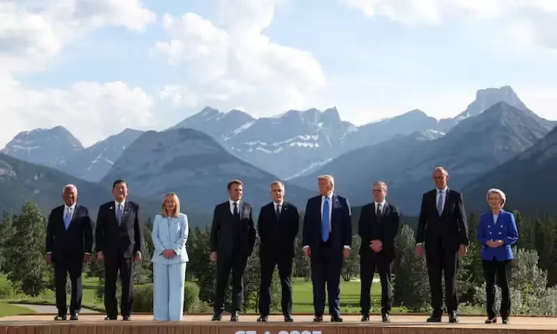 European Council President Antonio Costa, Japan’s Prime Minister Shigeru Ishiba, Italian Prime Minister Giorgia Meloni, French President Emmanuel Macron, Canada’s Prime Minister Mark Carney, U.S. President Donald Trump, British Prime Minister Keir Starmer, German Chancellor Friedrich Merz and European Commission President Ursula von der Leyen pose for a family photo during the G7 Summit, in Kananaskis, Alberta, Canada, June 16, 2025. Reuters European Council President Antonio Costa, Japan’s Prime Minister Shigeru Ishiba, Italian Prime Minister Giorgia Meloni, French President Emmanuel Macron, Canada’s Prime Minister Mark Carney, U.S. President Donald Trump, British Prime Minister Keir Starmer, German Chancellor Friedrich Merz and European Commission President Ursula von der Leyen pose for a family photo during the G7 Summit, in Kananaskis, Alberta, Canada, June 16, 2025. Reuters
