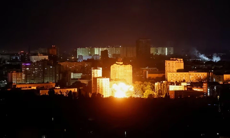 ] An explosion of a drone is seen during a Russian drone and missile strike, amid Russia’s attack on Ukraine, in Kyiv, Ukraine June 23, 2025. REUTERS