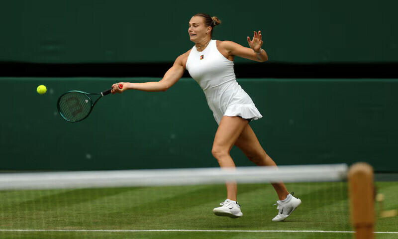 Belarus’ Aryna Sabalenka in action during her second round match against Czech Republic’s Marie Bouzkova at the All England Lawn Tennis and Croquet Club, London , on Wednesday. – Reuters Belarus’ Aryna Sabalenka in action during her second round match against Czech Republic’s Marie Bouzkova at the All England Lawn Tennis and Croquet Club, London , on Wednesday. – Reuters