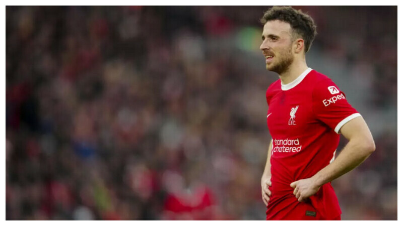 Liverpool’s Diogo Jota looks on during the English FA Cup fourth round soccer match between Liverpool and Norwich, at Anfield stadium in Liverpool, England, Sunday, Jan. 28, 2024. © Jon Super, AP
