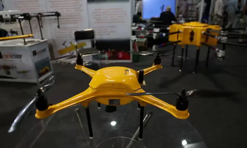 A view shows Falcon, a surveillance drone, on display at the drone exhibition at Bharat Drone Shakti 2023 organised by the Indian Air Force and Drone Federation of India at the Hindon Airbase in Ghaziabad, India, September 25, 2023. Reuters A view shows Falcon, a surveillance drone, on display at the drone exhibition at Bharat Drone Shakti 2023 organised by the Indian Air Force and Drone Federation of India at the Hindon Airbase in Ghaziabad, India, September 25, 2023. Reuters