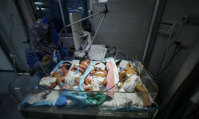 Palestinian newborns share an incubator at Al Helou hospital due to fuel crisis in Gaza City on Thursday. – Reuters Palestinian newborns share an incubator at Al Helou hospital due to fuel crisis in Gaza City on Thursday. – Reuters