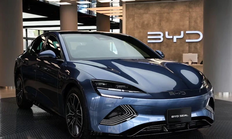 A BYD SEAL electric vehicle is displayed at the BYD Pakistan Metropole Experience Center, in Karachi, Pakistan July 23, 2025. REUTERS