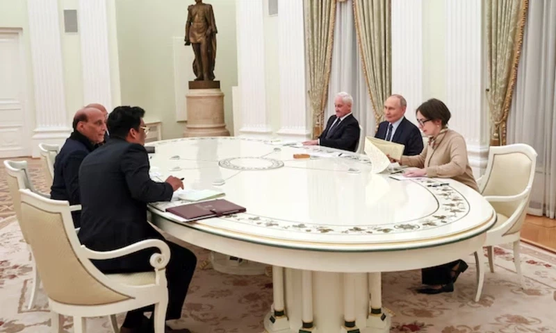 Officials, including Russia’s President Vladimir Putin, Defence Minister Andrei Belousov and India’s Defence Minister Rajnath Singh, attend a meeting in Moscow, Russia December 10, 2024. Sputnik/Sofya Sandurskaya/Pool via REUTERS Officials, including Russia’s President Vladimir Putin, Defence Minister Andrei Belousov and India’s Defence Minister Rajnath Singh, attend a meeting in Moscow, Russia December 10, 2024. Sputnik/Sofya Sandurskaya/Pool via REUTERS