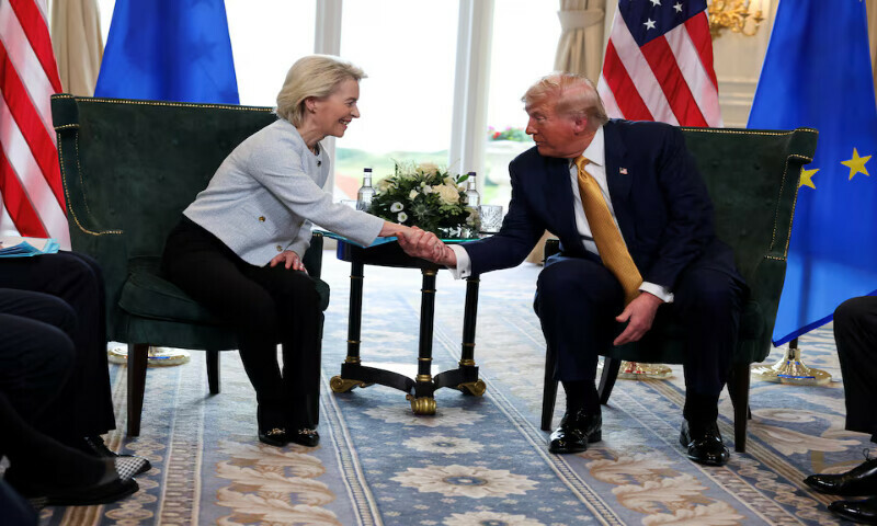 US President Donald Trump shakes hands with European Commission President Ursula von der Leyen, in Turnberry, Scotland, on Sunday. – Reuters