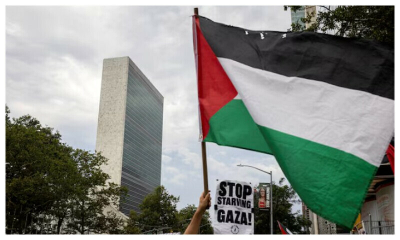 People rally in front of the United Nations headquarters during a “Stop Starving Gaza Now” protest amid the ongoing conflict between Israel and Hamas, in New York City, U.S., July 25, 2025. REUTERS