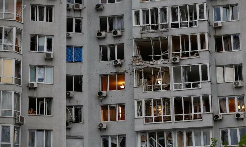 A view shows an apartment building that was damaged during a Russian drone strike in Kyiv, Ukraine, on Monday. – Reuters