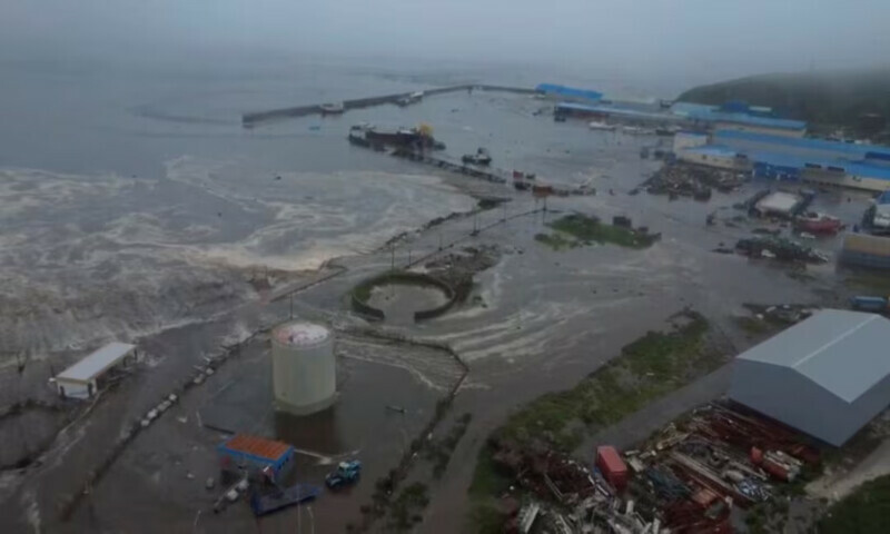 Tsunami waves flood an area in Severo-Kurilsk, Sakhalin Region, Russia, on Wednesday. – Reuters