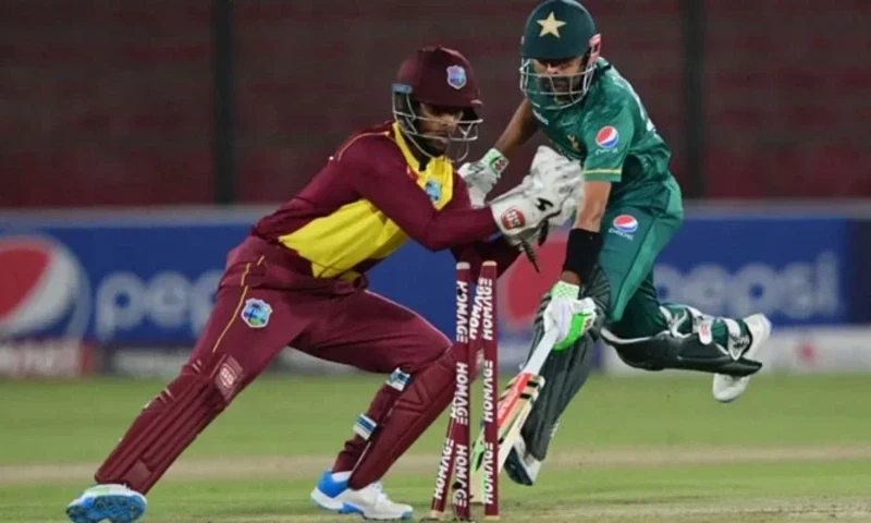 The image shows a glimpse from a match between Pakistan and West Indies. Photo via AFP