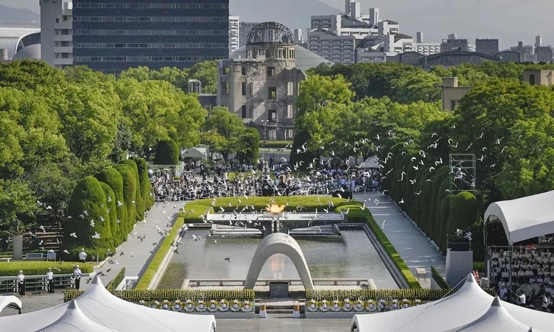 Doves fly over the Peace Memorial Park with a view of the gutted Atomic Bomb Dome at a ceremony in Hiroshima, western Japan, in this photo taken by Kyodo August 6. Doves fly over the Peace Memorial Park with a view of the gutted Atomic Bomb Dome at a ceremony in Hiroshima, western Japan, in this photo taken by Kyodo August 6.