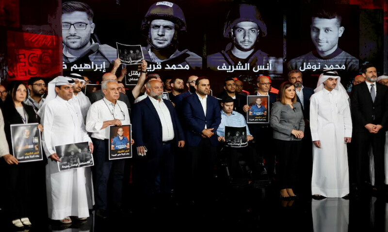 Al Jazeera staff members gather at the network’s studios, to remember their colleagues Anas Al Sharif, Mohammed Qreiqeh, Ibrahim Zaher, Mohammed Noufal and another colleague, who were killed in Gaza City by an Israeli strike, in Doha, Qatar, August 11, 2025. REUTERS Al Jazeera staff members gather at the network’s studios, to remember their colleagues Anas Al Sharif, Mohammed Qreiqeh, Ibrahim Zaher, Mohammed Noufal and another colleague, who were killed in Gaza City by an Israeli strike, in Doha, Qatar, August 11, 2025. REUTERS