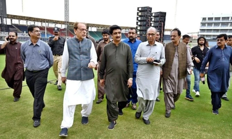 Provincial Ministers Saeed Ghani and Syed Zulfiqar Ali Shah, along with Arts Council Karachi President Ahmed Shah, are reviewing preparations for a mega musical concert at National Bank Stadium Karachi. — APP Provincial Ministers Saeed Ghani and Syed Zulfiqar Ali Shah, along with Arts Council Karachi President Ahmed Shah, are reviewing preparations for a mega musical concert at National Bank Stadium Karachi. — APP