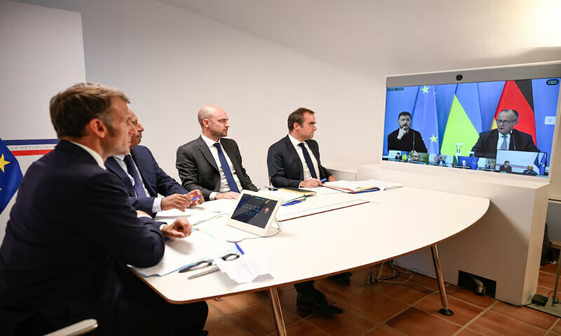 French President Emmanuel Macron, Antonio Costa, President of the European Council, French Minister for Europe and Foreign Affairs Jean-Noel Barrot, and France’s Minister of Armed Forces Sebastien Lecornu attend a video conference with Ukraine’s President Volodymyr Zelensky and German Chancellor Friedrich Merz to discuss the ongoing war in Ukraine, at Fort de Bregancon in Bormes-les-Mimosas. – Reuters French President Emmanuel Macron, Antonio Costa, President of the European Council, French Minister for Europe and Foreign Affairs Jean-Noel Barrot, and France’s Minister of Armed Forces Sebastien Lecornu attend a video conference with Ukraine’s President Volodymyr Zelensky and German Chancellor Friedrich Merz to discuss the ongoing war in Ukraine, at Fort de Bregancon in Bormes-les-Mimosas. – Reuters