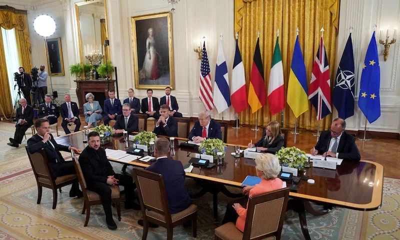 Ukrainian President Volodymyr Zelenskiy speaks during a meeting with U.S. President Donald Trump, German Chancellor Friedrich Merz, French President Emmanuel Macron, British Prime Minister Keir Starmer, Italian Prime Minister Giorgia Meloni, Finland’s President Alexander Stubb, NATO Secretary General Mark Rutte and European Commission President Ursula von der Leyen amid negotiations to end the Russian war in Ukraine, at the White House in Washington, D.C., U.S., August 18, 2025. REUTERS Ukrainian President Volodymyr Zelenskiy speaks during a meeting with U.S. President Donald Trump, German Chancellor Friedrich Merz, French President Emmanuel Macron, British Prime Minister Keir Starmer, Italian Prime Minister Giorgia Meloni, Finland’s President Alexander Stubb, NATO Secretary General Mark Rutte and European Commission President Ursula von der Leyen amid negotiations to end the Russian war in Ukraine, at the White House in Washington, D.C., U.S., August 18, 2025. REUTERS