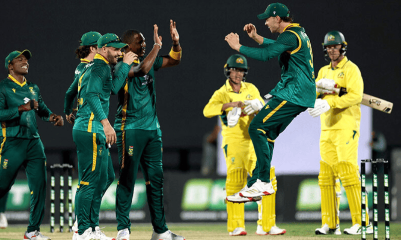 South Africa’s Lungi Ngidi (centre) celebrates with teammates after dismissing Australia’s Adam Zampa to win the second one-day international cricket match against Australia at the Great Barrier Reef Arena in Mackay, Australia, on August 22. — AFP