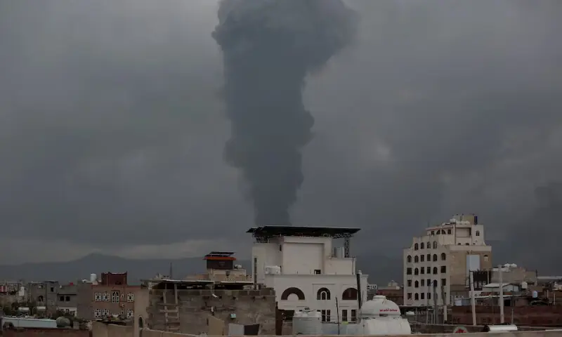 Smoke billows from the site of Israeli air strikes in Sanaa, Yemen. – Reuters Smoke billows from the site of Israeli air strikes in Sanaa, Yemen. – Reuters