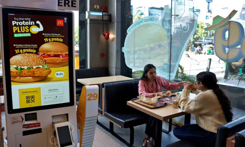 An advertisement for new protein slice is displayed on an ordering kiosk in Bengaluru, India. – Reuters An advertisement for new protein slice is displayed on an ordering kiosk in Bengaluru, India. – Reuters