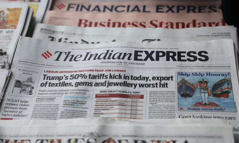 The latest edition of the Indian Express, with the lead story on US tariffs on most Indian goods, is displayed for sale in New Delhi, India, on Wednesday. – Reuters The latest edition of the Indian Express, with the lead story on US tariffs on most Indian goods, is displayed for sale in New Delhi, India, on Wednesday. – Reuters