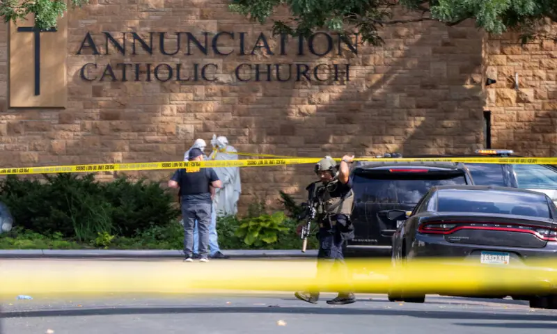 Law enforcement officers set up barriers after a shooting at Annunciation Church in Minneapolis, Minnesota. – Reuters Law enforcement officers set up barriers after a shooting at Annunciation Church in Minneapolis, Minnesota. – Reuters