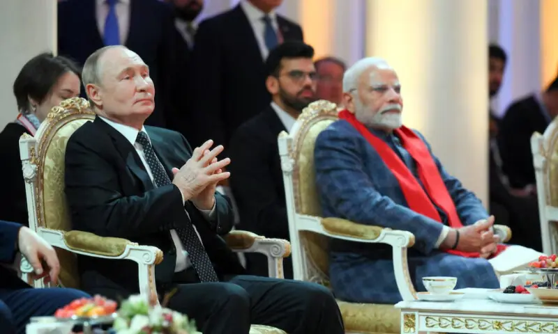 Russian President Vladimir Putin and Indian Prime Minister Narendra Modi attend a concert before an informal dinner on the sidelines of the BRICS Summit in Kazan, Russia October 22, 2024. Aleksey Nikolskyi/BRICS-RUSSIA2024.RU Host Photo Agency via REUTERS/File Photo