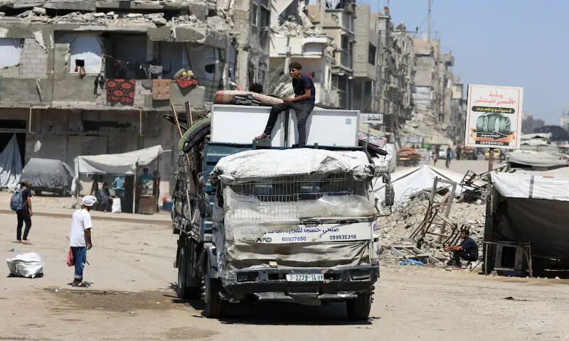 Displaced Palestinians ride on a vehicle loaded with belongings as they flee from one area to another within Gaza City, amid an Israeli military operation, in Gaza City. – Reuters Displaced Palestinians ride on a vehicle loaded with belongings as they flee from one area to another within Gaza City, amid an Israeli military operation, in Gaza City. – Reuters