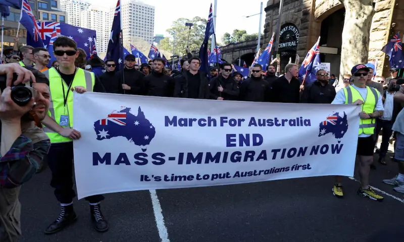 Demonstrators hold a banner during the ‘March for Australia’ anti-immigration rally, in Sydney, Australia, on Sunday. – Reuters Demonstrators hold a banner during the ‘March for Australia’ anti-immigration rally, in Sydney, Australia, on Sunday. – Reuters