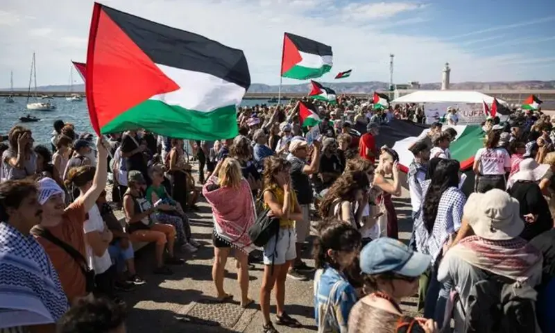 People wave Palestinian flags as they gather in Marseille, France harbour in support of a flotilla bound for Gaza carrying humanitarian aid. (AFP) People wave Palestinian flags as they gather in Marseille, France harbour in support of a flotilla bound for Gaza carrying humanitarian aid. (AFP)