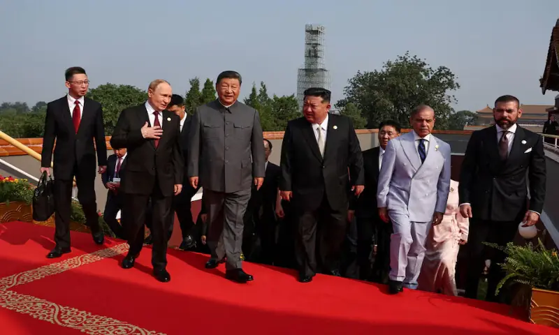 Russian President Vladimir Putin, Chinese President Xi Jinping, North Korean leader Kim Jong Un, Pakistan’s Prime Minister Shehbaz Sharif and heads of foreign delegations arrive for the military parade in Beijing, China, on Wednesday. – Reuters Russian President Vladimir Putin, Chinese President Xi Jinping, North Korean leader Kim Jong Un, Pakistan’s Prime Minister Shehbaz Sharif and heads of foreign delegations arrive for the military parade in Beijing, China, on Wednesday. – Reuters